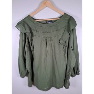 89th + Madison Olive Green Ruffle Eyelet Cotton Gauze Blouse Plus 3X